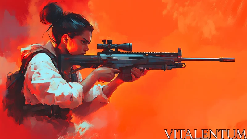 Woman aiming tactical rifle against bold orange and red gradient background.