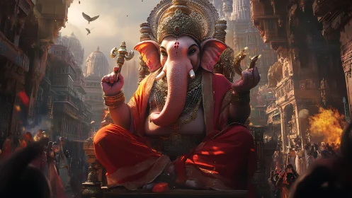 Majestic Ganesha deity glows above a vibrant temple street