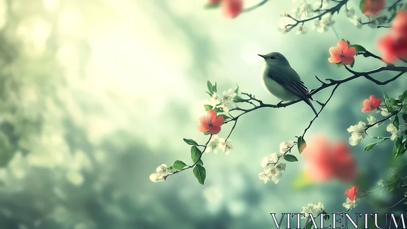 Songbird rests among soft blossoms in dreamlike light.