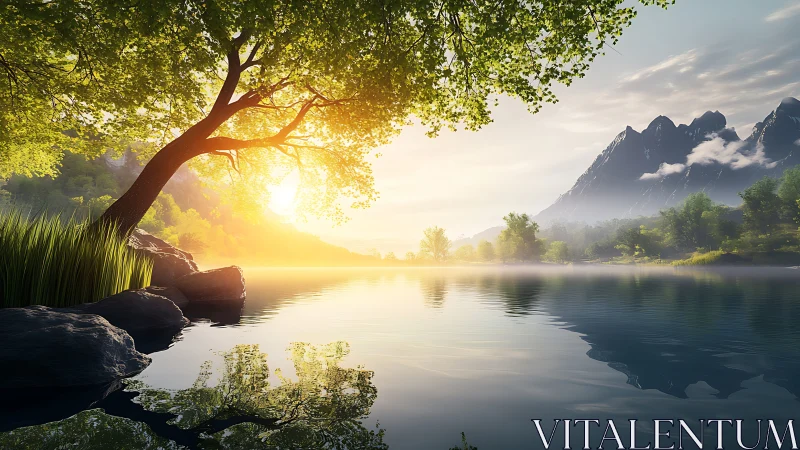 Golden sunrise illuminates tranquil mountain lakeshore scene.