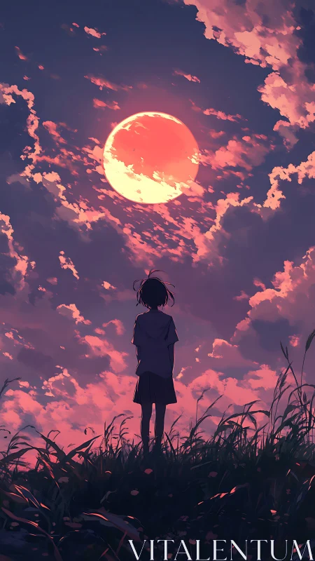 Silhouetted child observes large red sun in vivid sky