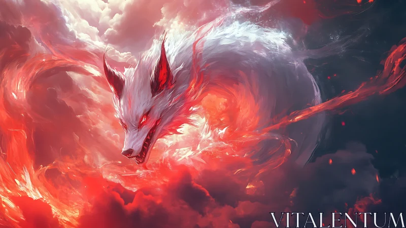 White vulpine head forms within swirling red cloud mass