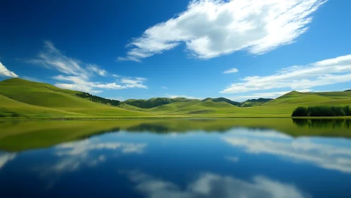 Grass-covered hills reflected in calm blue lake under clouds.