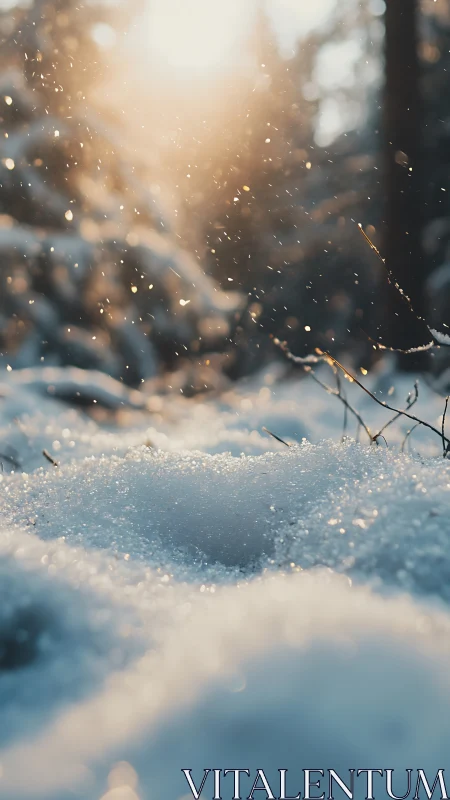 Sunlit snowfall over soft winter forest ground scene.