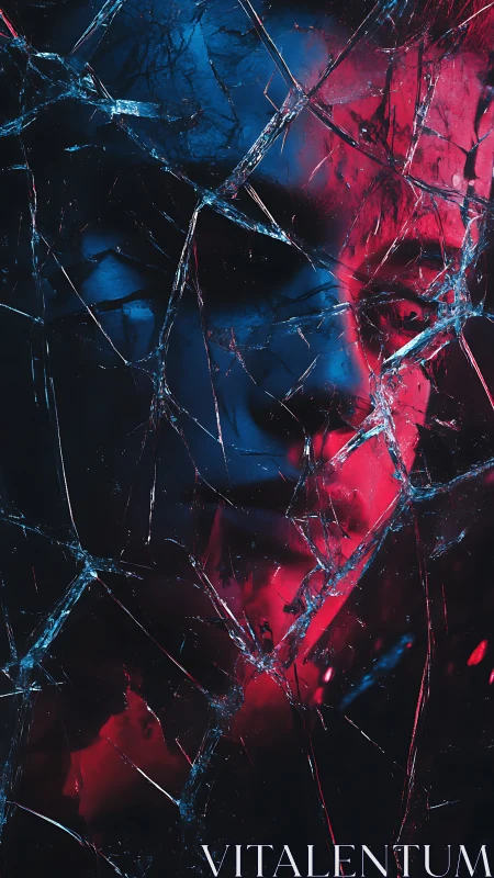 Shattered reflections welcome a moody face in neon glow