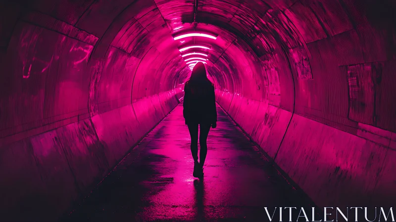 Silhouette walking through neon pink illuminated tunnel.