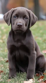 Brown puppy sits on grass in shallow depth of field outdoor scene