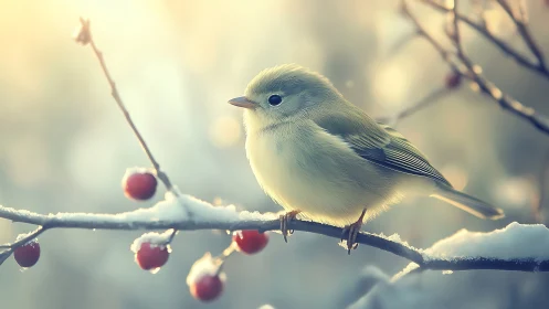 Delicate Winter Songbird Perched Among Frosted Berries.