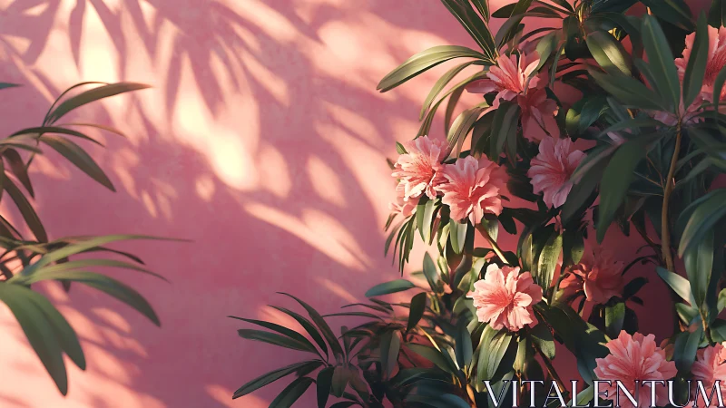 Pink flowers cast soft evening shadows on pastel wall