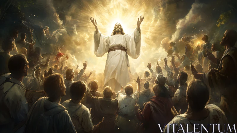 Radiant messianic ascension amid worshippers and golden light.