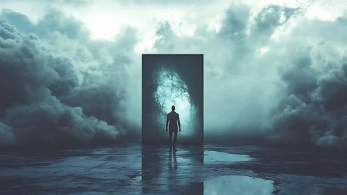 Silhouette before luminous portal in storm-laden reflective void