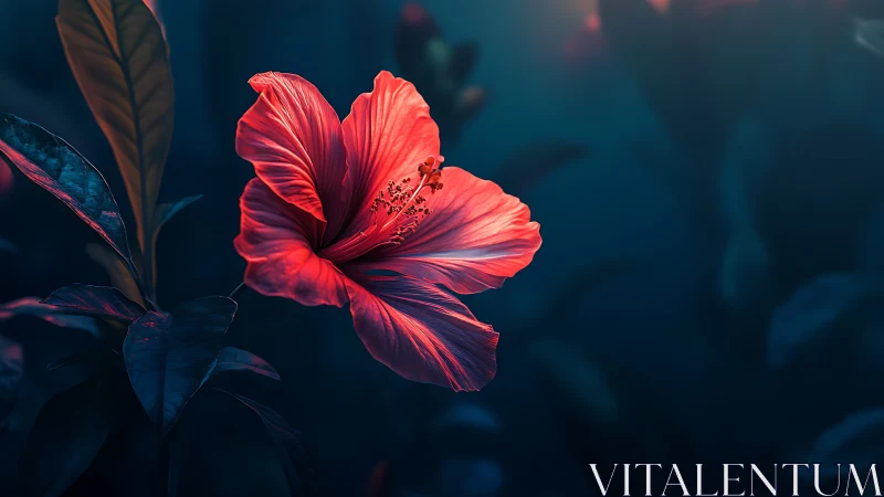 Red Hibiscus Bloom Against Deep Teal Nocturnal Backdrop. Dramatic Lighting Study.