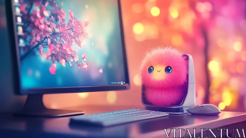 Pink digital creature sits beside desktop monitor on desk