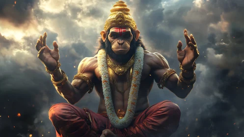 Stormlit monkey deity meditates in embers and golden armor.