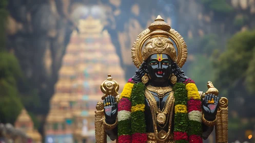 Ornate black stone deity statue with garlands before temple.