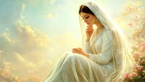 Digital painting of serene veiled woman in luminous garden.
