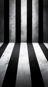 Black and white striped industrial room with rough walls.