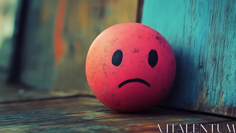Melancholic pink ball leans against distressed wooden surface