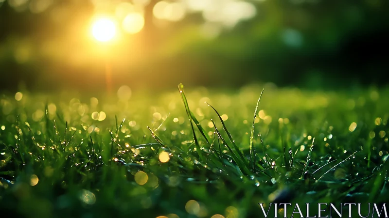 Close-up grass with dew at sunrise in shallow focus.