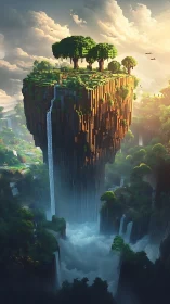 Digital painting of voxel floating island with waterfalls cascade.
