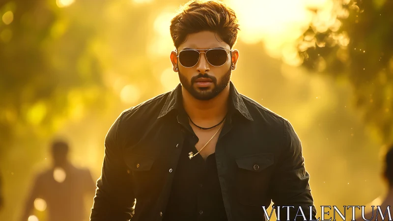 Man in dark shirt walking outdoors in warm backlight.