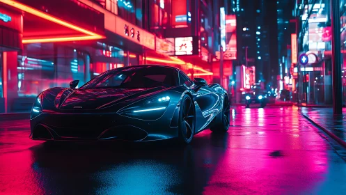 Sleek sports car in neon urban street at night scene.