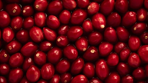 Close-up overhead view of fresh red cranberries in water.