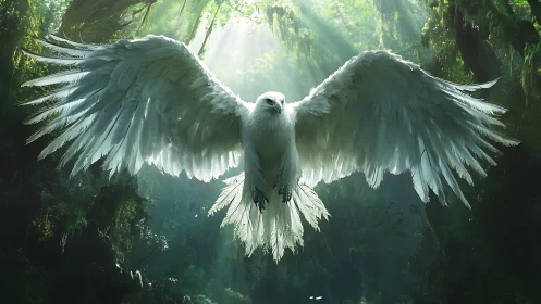 Majestic White Eagle Soaring in Enchanted Forest, Fantasy Art.