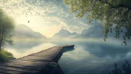 Quiet lakeside pier leading into misty mountain sunrise.