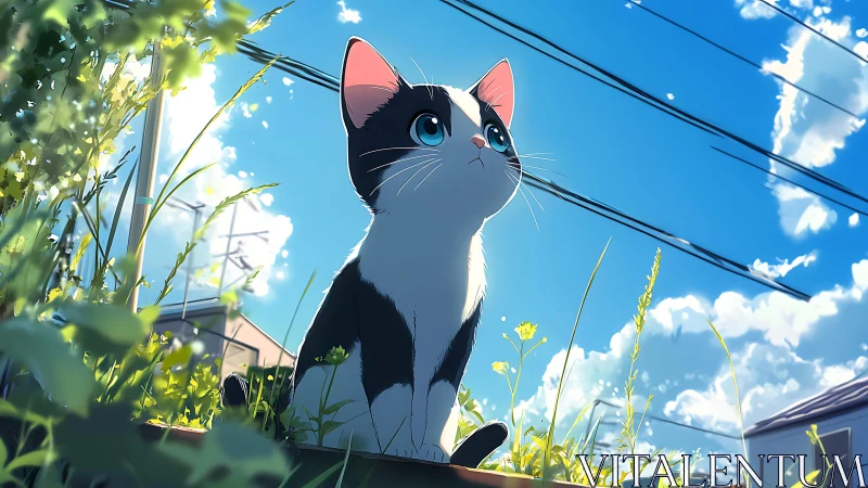 Cartoon kitten sits in bright grass under clear blue sky
