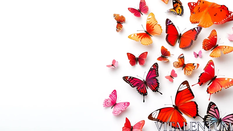 High-key macro study of assorted orange and pink butterflies