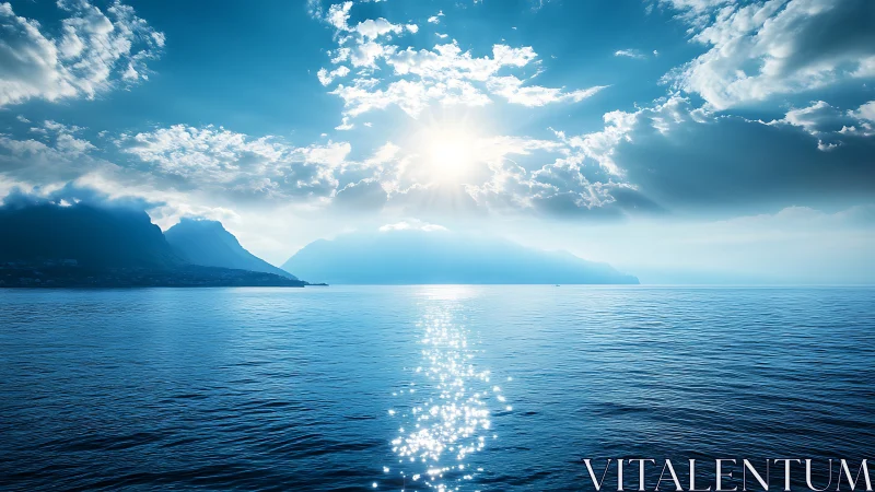 Sunlit sea horizon with glowing clouds and distant cliffs.