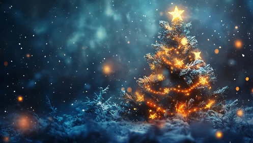 Illuminated Christmas tree glows against deep winter night sky
