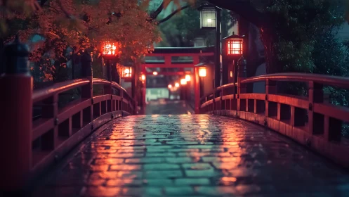 Wet red bridge at night with lanterns in Japanese street.