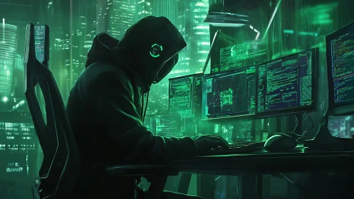 Hooded operator monitors multi-screen cyber intrusion in neon city