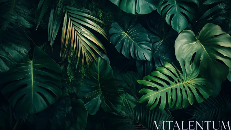 Deep emerald tropical foliage under moody directional light.