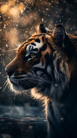Tiger portrait under backlit rain with cinematic bokeh glow.