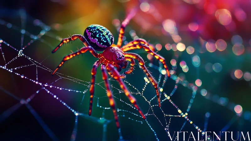 Iridescent spider poised on dewy web in neon bokeh glow.