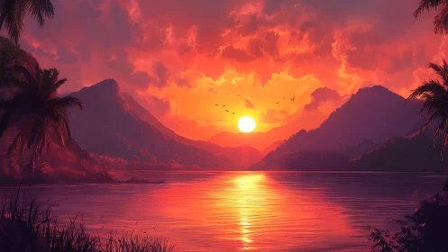 Tropical bay sunset over mountains and calm water.