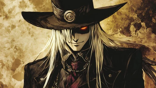 Sinister gunslinger vampire smiles in sepia gothic haze