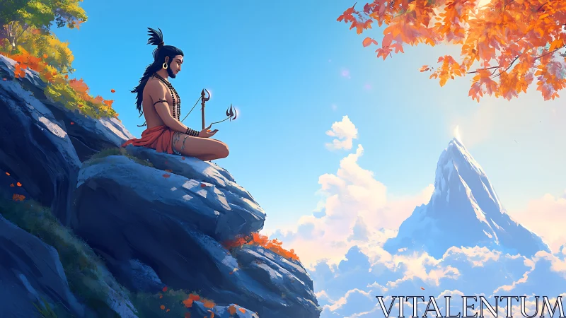 Silent mountain meditation under bright autumn skies.