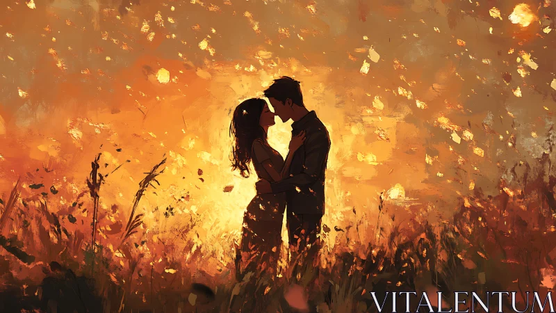 Silhouetted couple amid autumn field conflagration.