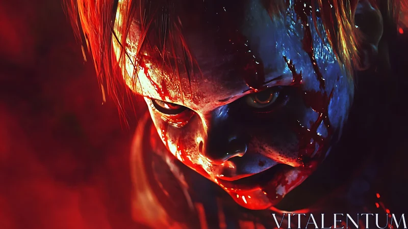 Bloodstained sinister doll face in intense red light.