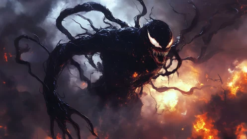 Symbiotic shadow entity amid infernal flames and toxic smoke