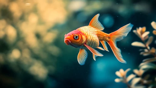 Golden goldfish gliding gently through a dreamy blue pond.