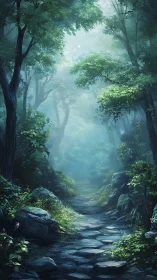 Misty Forest Stream with Atmospheric Volumetric Lighting and Dense Canopy Layering