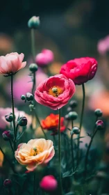 Blurred Ranunculus Garden with Pink and Peach Blooms.