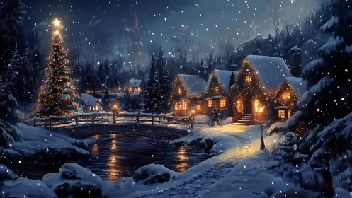 Snowy Christmas village glows warmly beneath a starlit sky