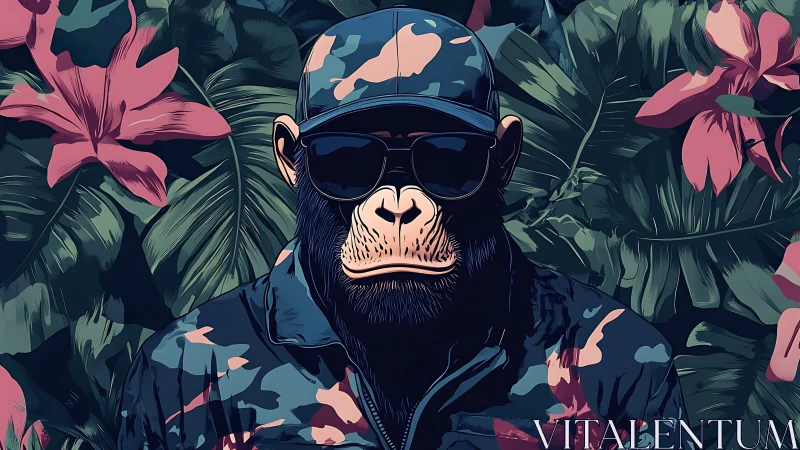 Camouflaged chimp portrait merges streetwear aesthetics and jungle flora