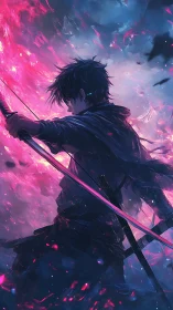 Dynamic side-lit archer channels magenta energy in turbulent vortex